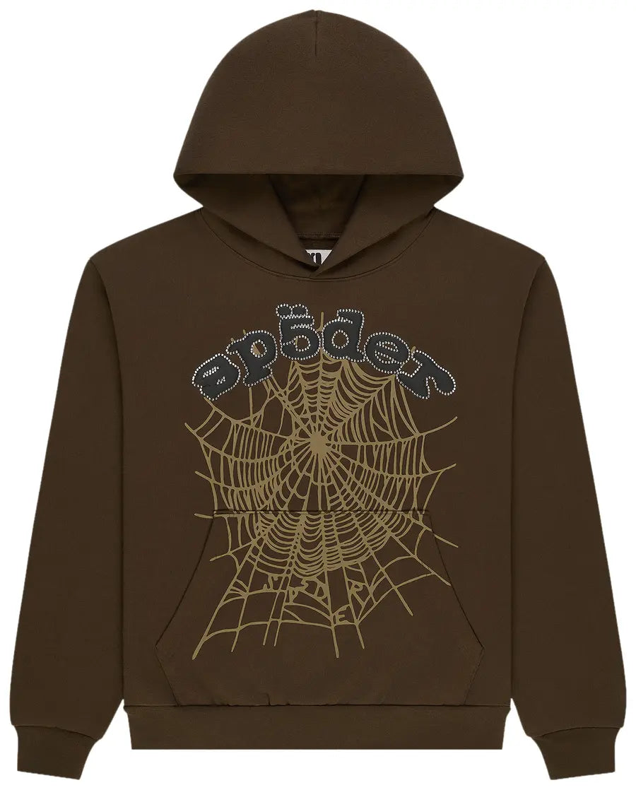 Sp5der Brown OG Web Rhinestone Hoodie