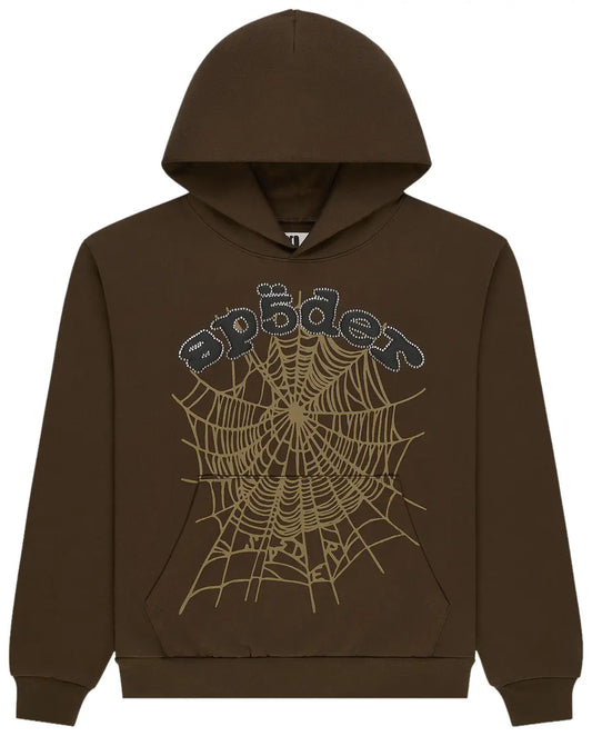 Sp5der Brown OG Web Rhinestone Hoodie