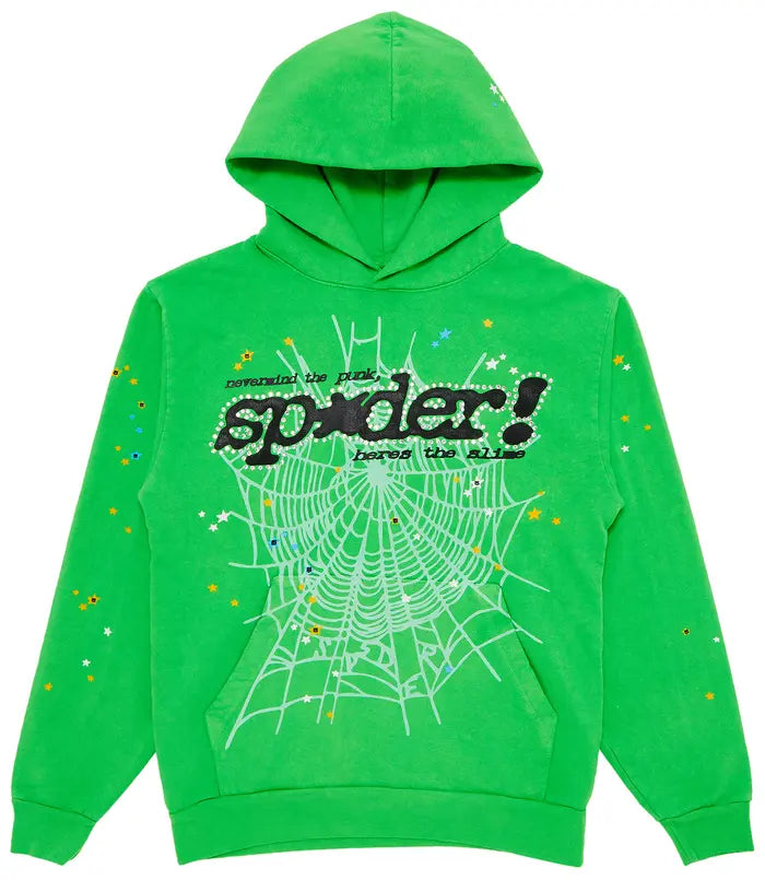 Sp5der Slime Green Rhinestone Punk V2 Hoodie