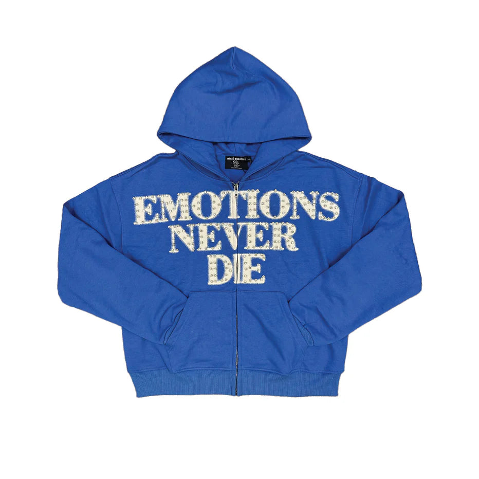 Mixed Emotions Never Die Rhinestone Blue Zip Up Hoodie