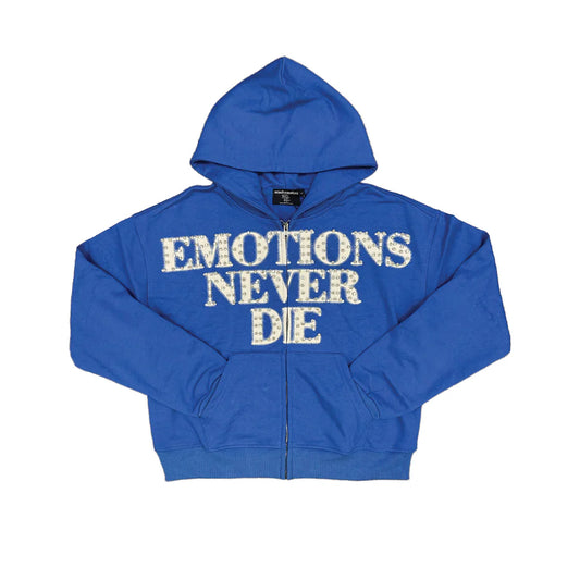 Mixed Emotions Never Die Rhinestone Blue Zip Up Hoodie