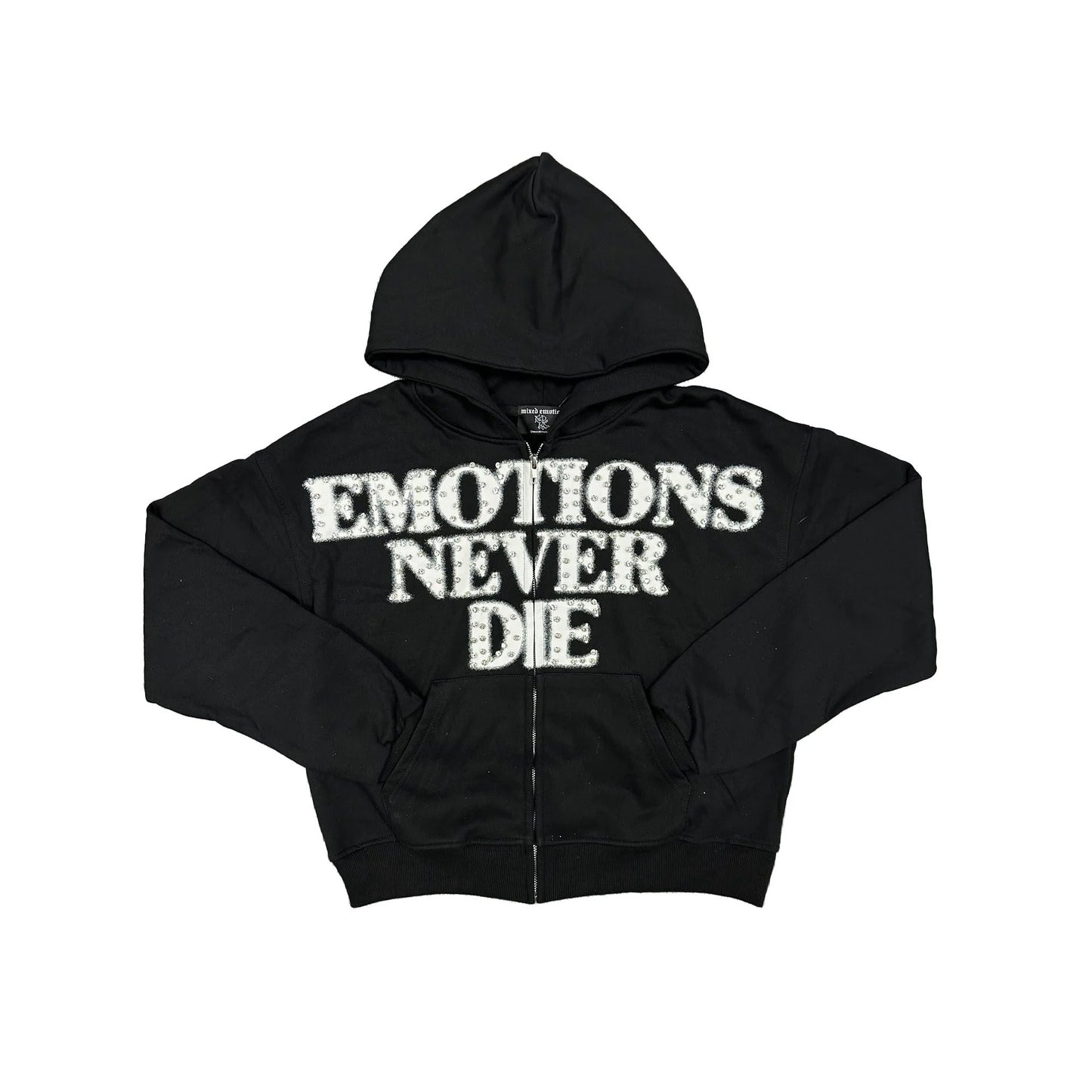 Mixed Emotions Never Die Rhinestone Black Zip Up Hoodie